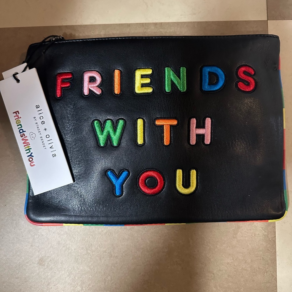 Alice + Olivia Black Leather Clutch with Multicolor Letters